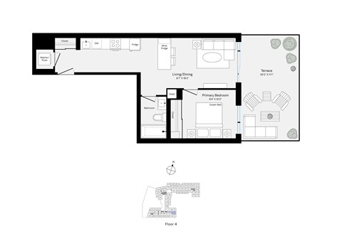 Floor plan for 1 bed, 1 bath, 547 sqft